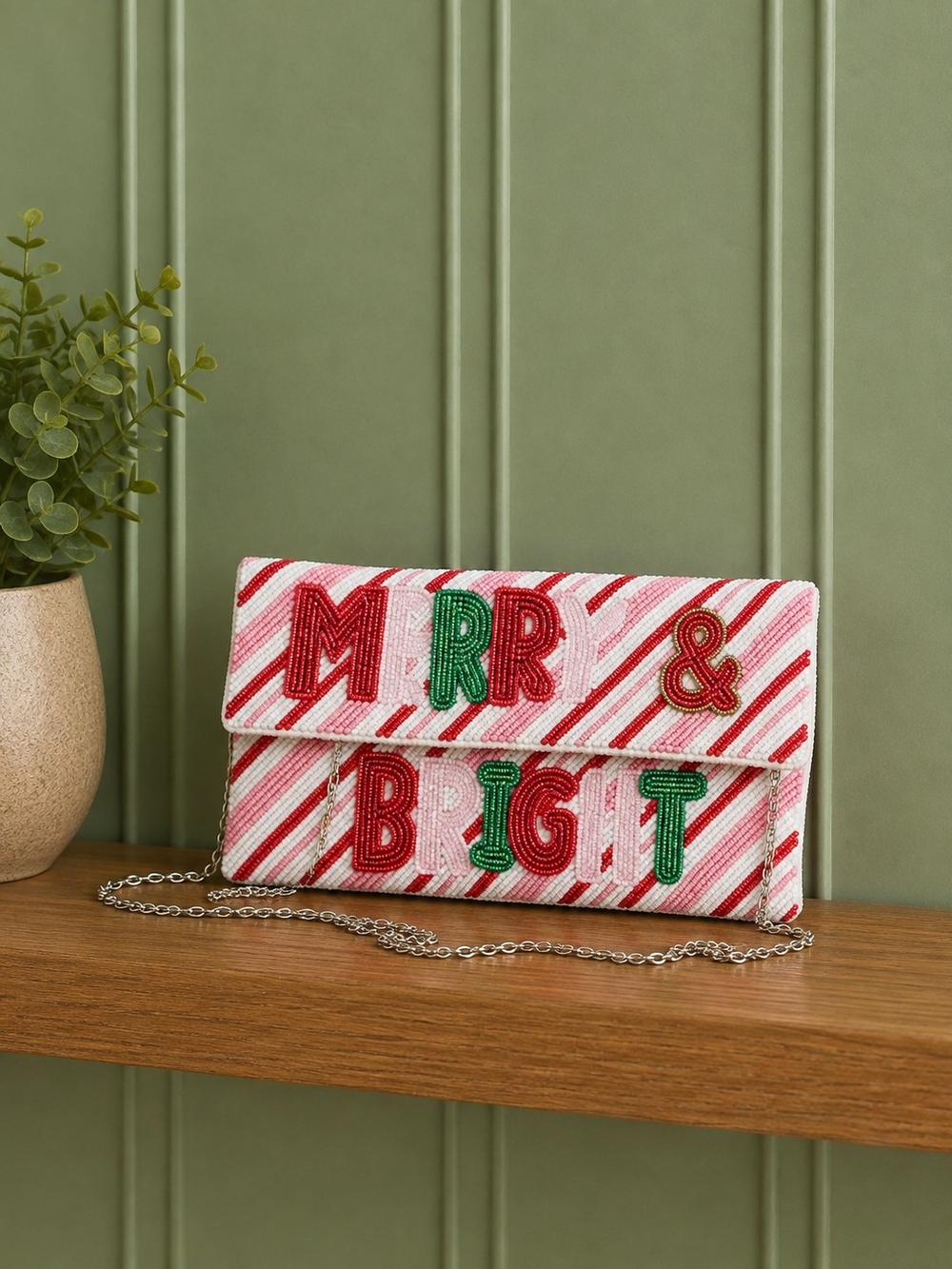 Beaded Candy-Stripe Clutch in Red, White & Green